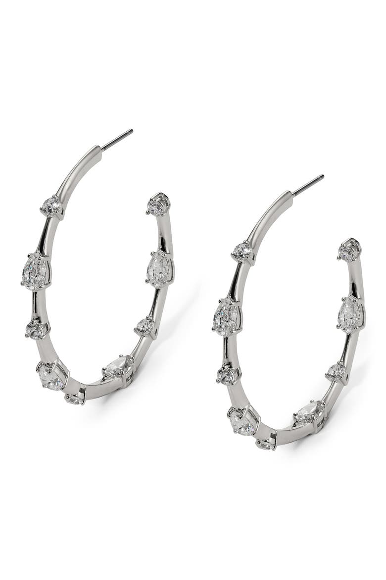 Hera Cubic Zirconia Elongated C-Hoop Earrings, Main, color, RHODIUM
