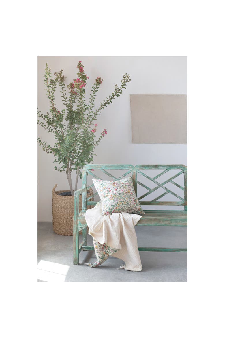 Soft Quilted Cotton Throw with Floral Pattern, Kantha Stitch and Tassels, Multicolor, Alternate, color, Beige