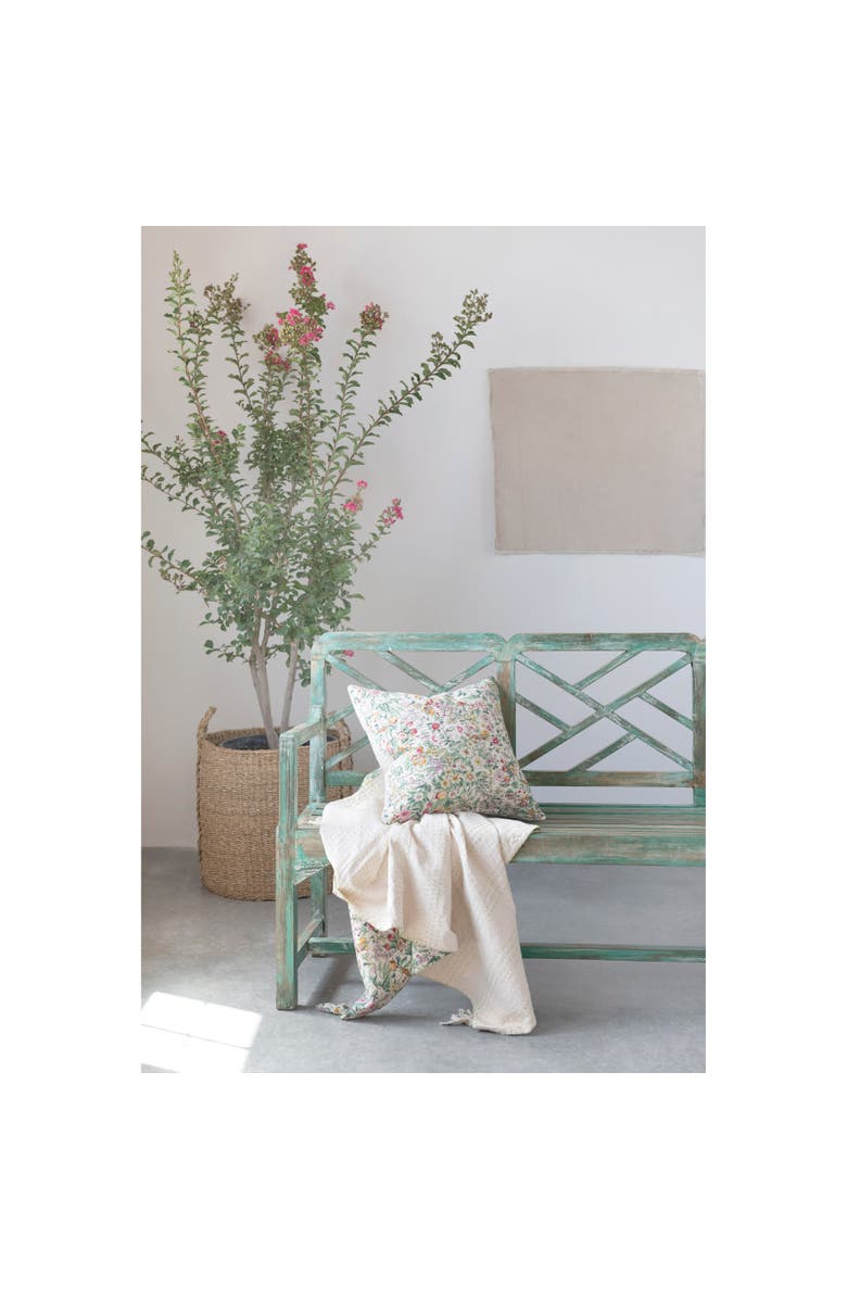 Storied Home Soft Quilted Cotton Throw with Floral Pattern, Kantha Stitch and Tassels, Multicolor, Alternate, color, Beige