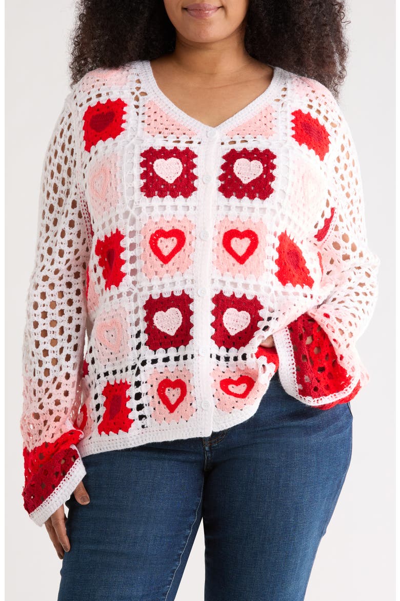 Crochet Granny Square Cardigan Sweater, Main, color, WHITE/ PINK