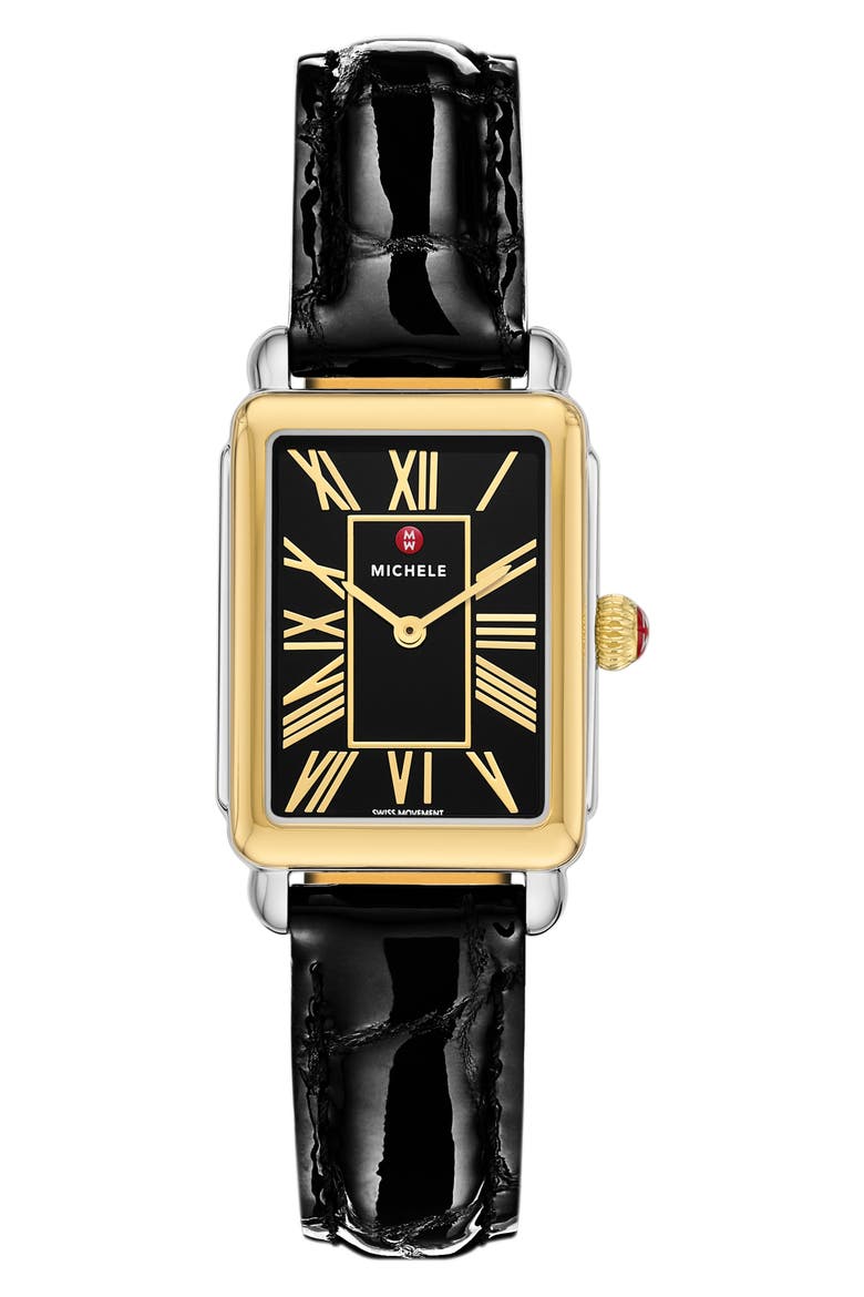 Deco Park Two-Tone Leather Strap Watch, 23mm x 29mm, Main, color, BLACK/ TWO TONE