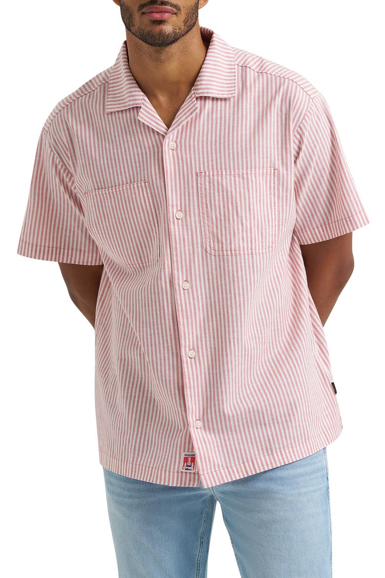 Stripe Graphic Camp Shirt, Main, color, DUSTRY ROSE