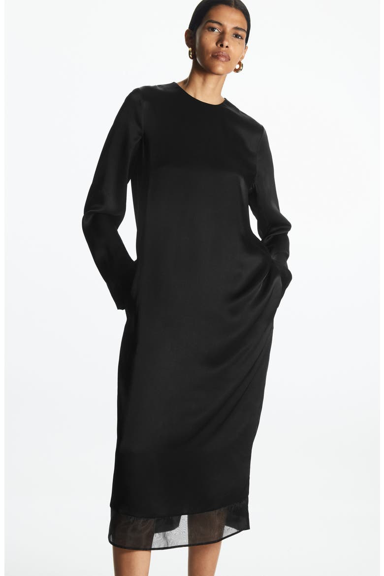 Organza Inset Long Sleeve Midi Dress, Alternate, color, BLACK