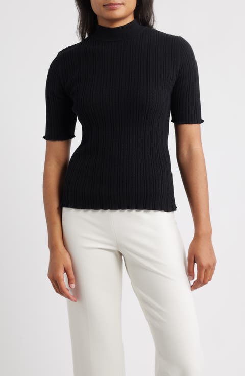 Mock Neck Short Sleeve Cotton Blend Sweater (Regular & Petite)