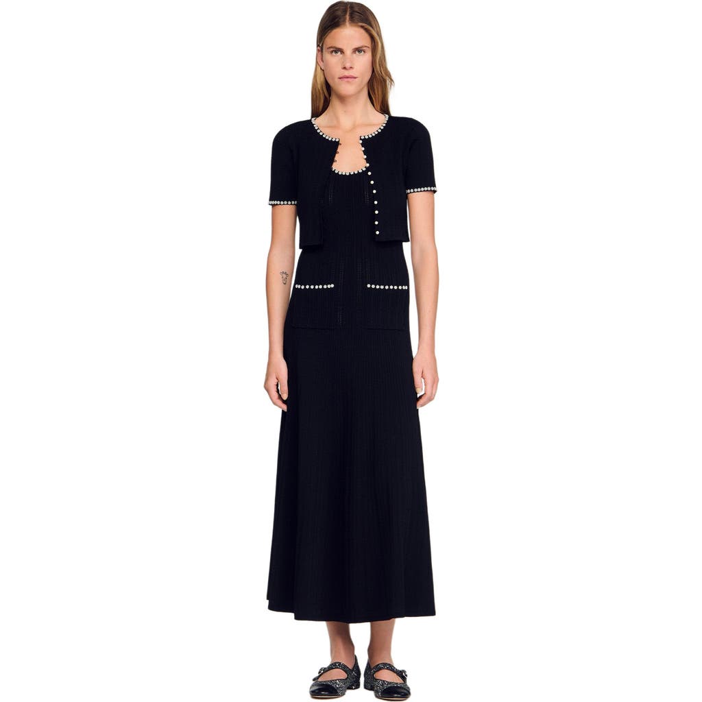 Sandro Cropped Beaded Cardigan In Black