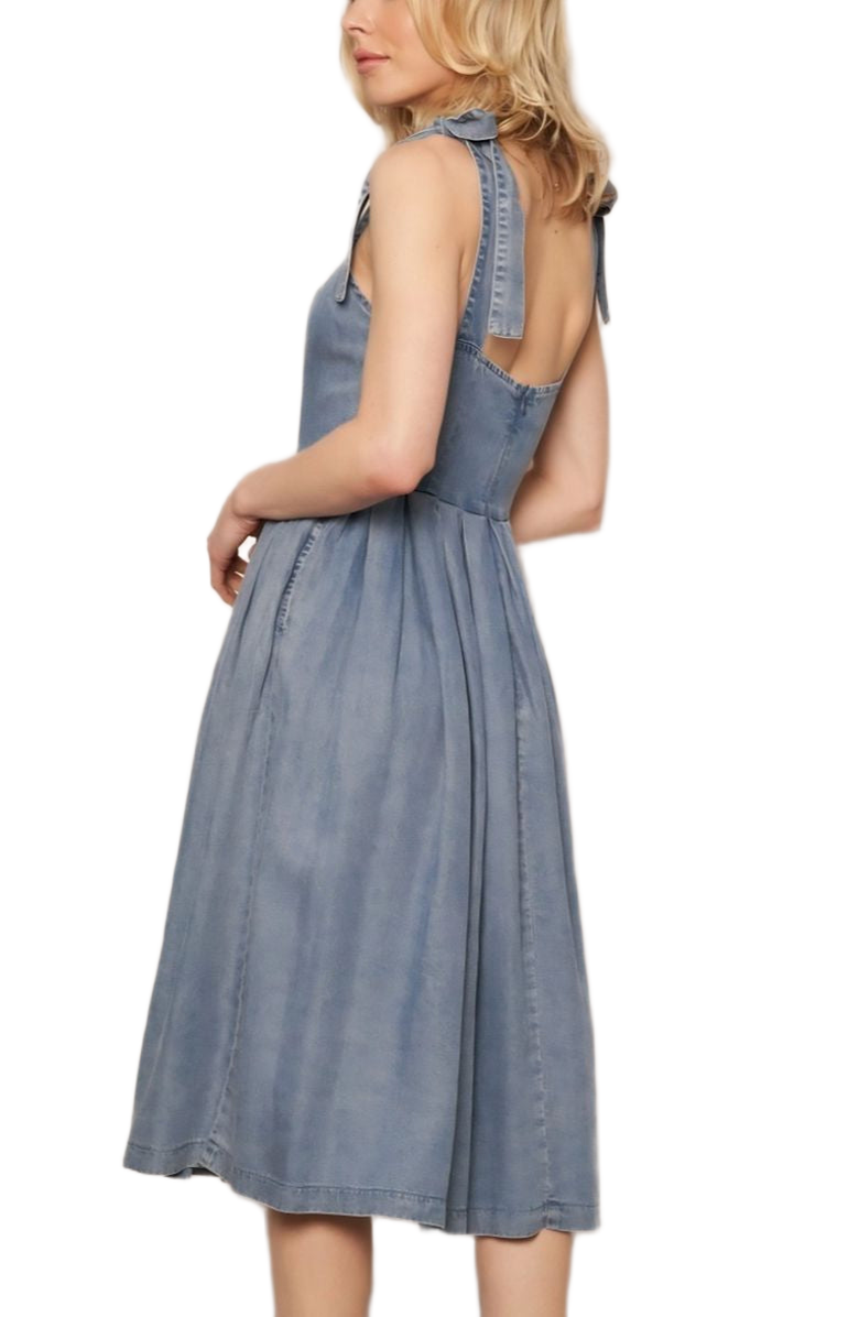 Knit and Lounge Tie Straps Scoop Neck Fitted Bodice Gathered Skirt Midi Dress, Alternate, color, Washed Blue