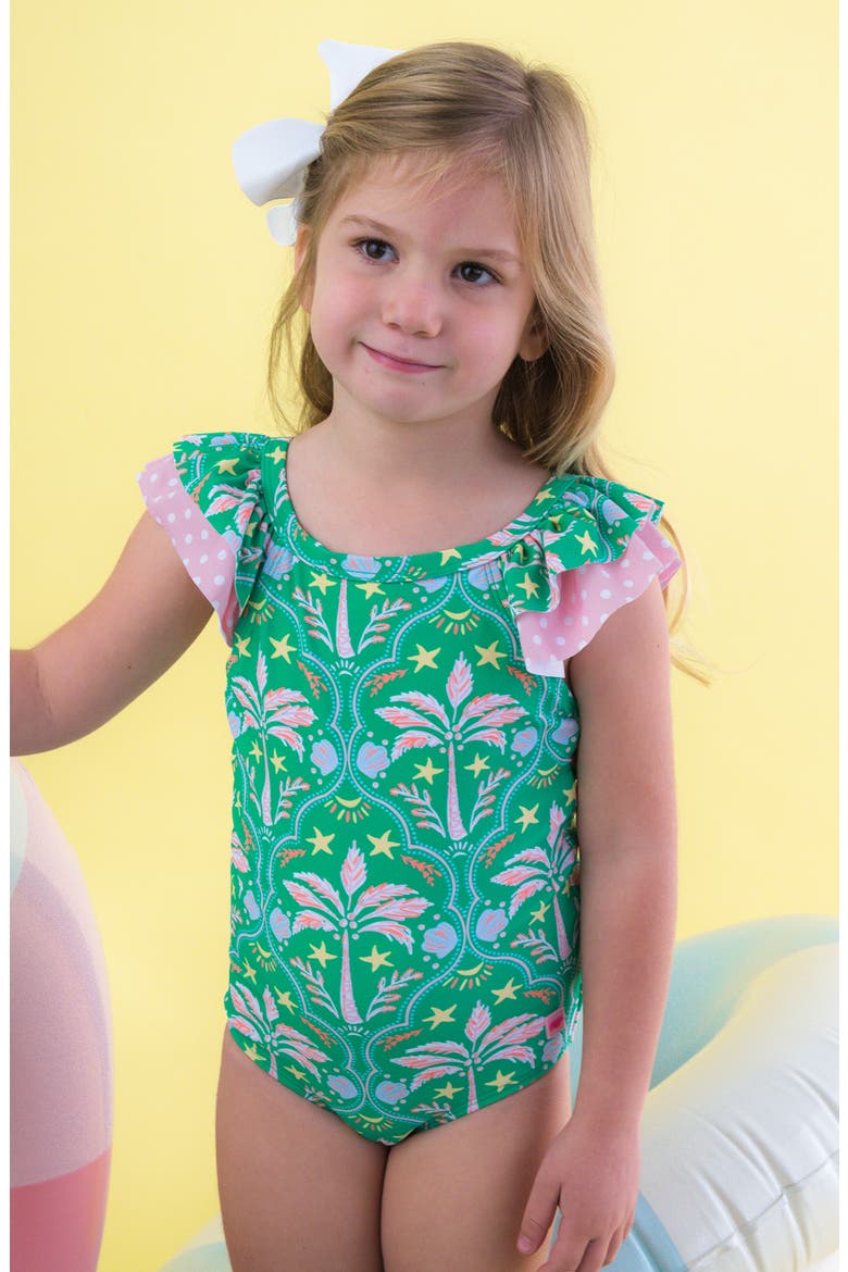 Kids' Coconut Cabana Bow V-Back UPF 50+ One-Piece Swimsuit, Alternate, color, GREEN