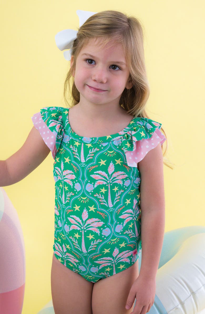 RuffleButts Kids' Coconut Cabana Bow V-Back UPF 50+ One-Piece Swimsuit, Alternate, color, Green