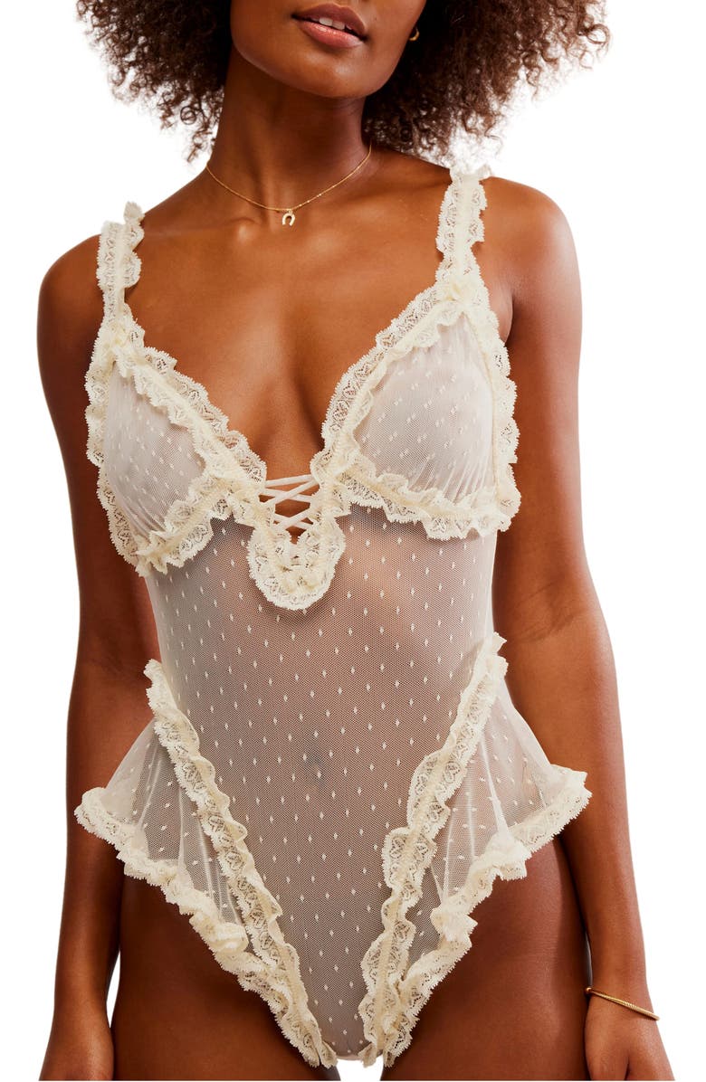 Free People Intimately FP Heart to Heart Ruffle Dotted Mesh Teddy, Main, color, Ivory