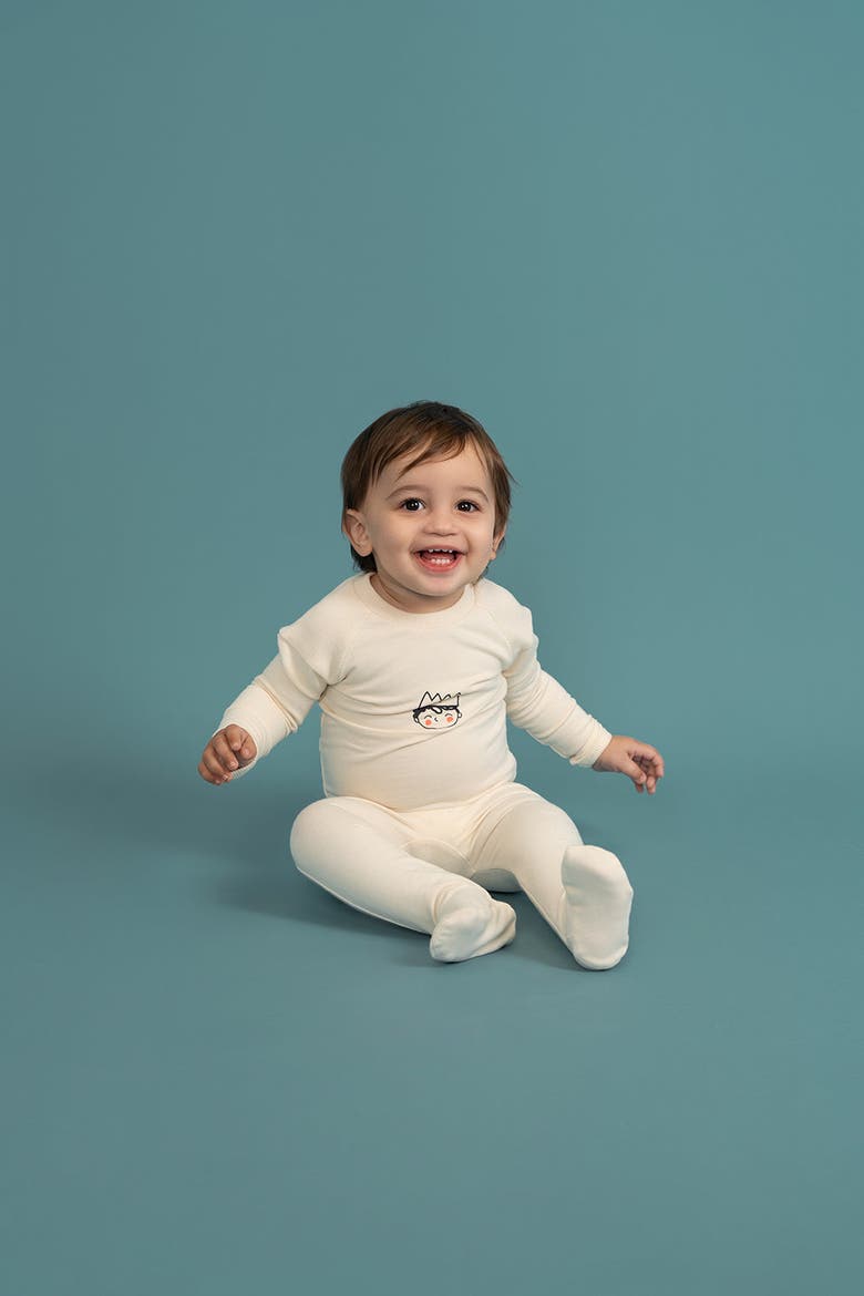 Boy French Fleece Crown Print Long Sleeve Romper, Alternate, color, Cream