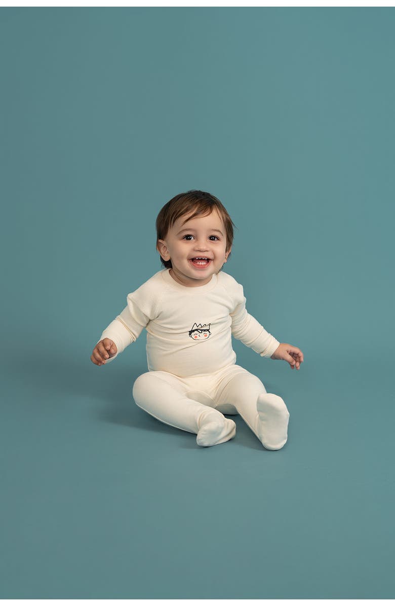 Charlotte & George Boy French Fleece Crown Print Long Sleeve Romper, Alternate, color, Cream