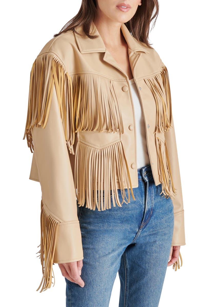 Steve Madden Halia Fringe Trim Faux Leather Jacket, Alternate, color,