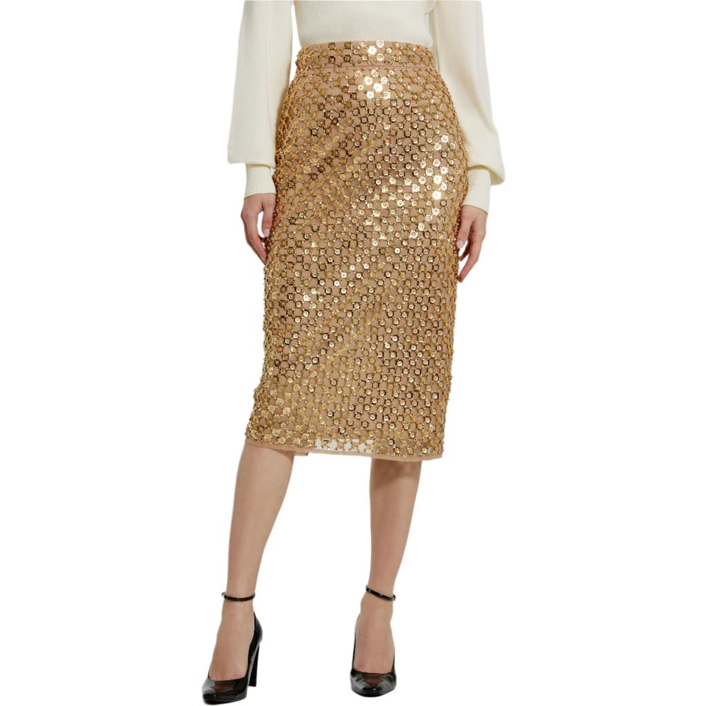 Mac Duggal Sequin Embellished Mesh Fitted Midi Pencil Skirt In Antique Gold