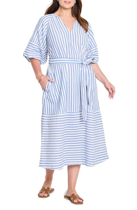 Mixed Stripe Belted Double Gauze Midi Dress (Plus)