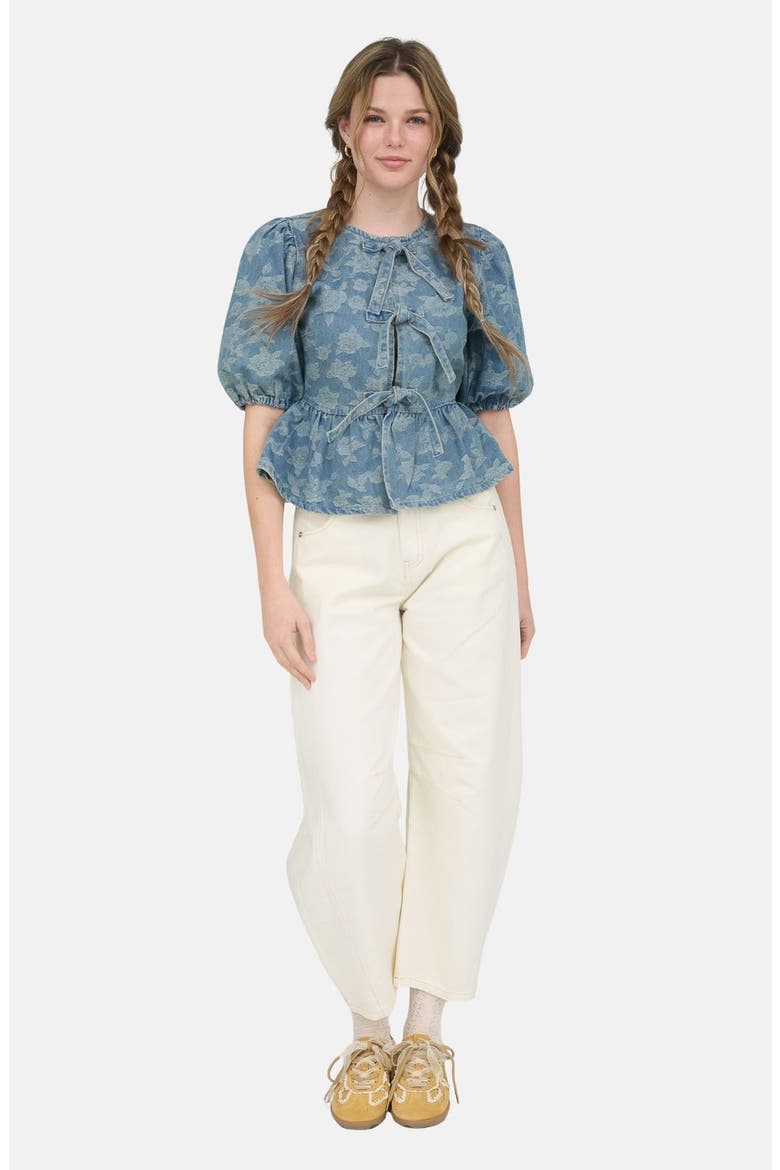 Puff Sleeve Tie Front Top, Alternate, color, DENIM