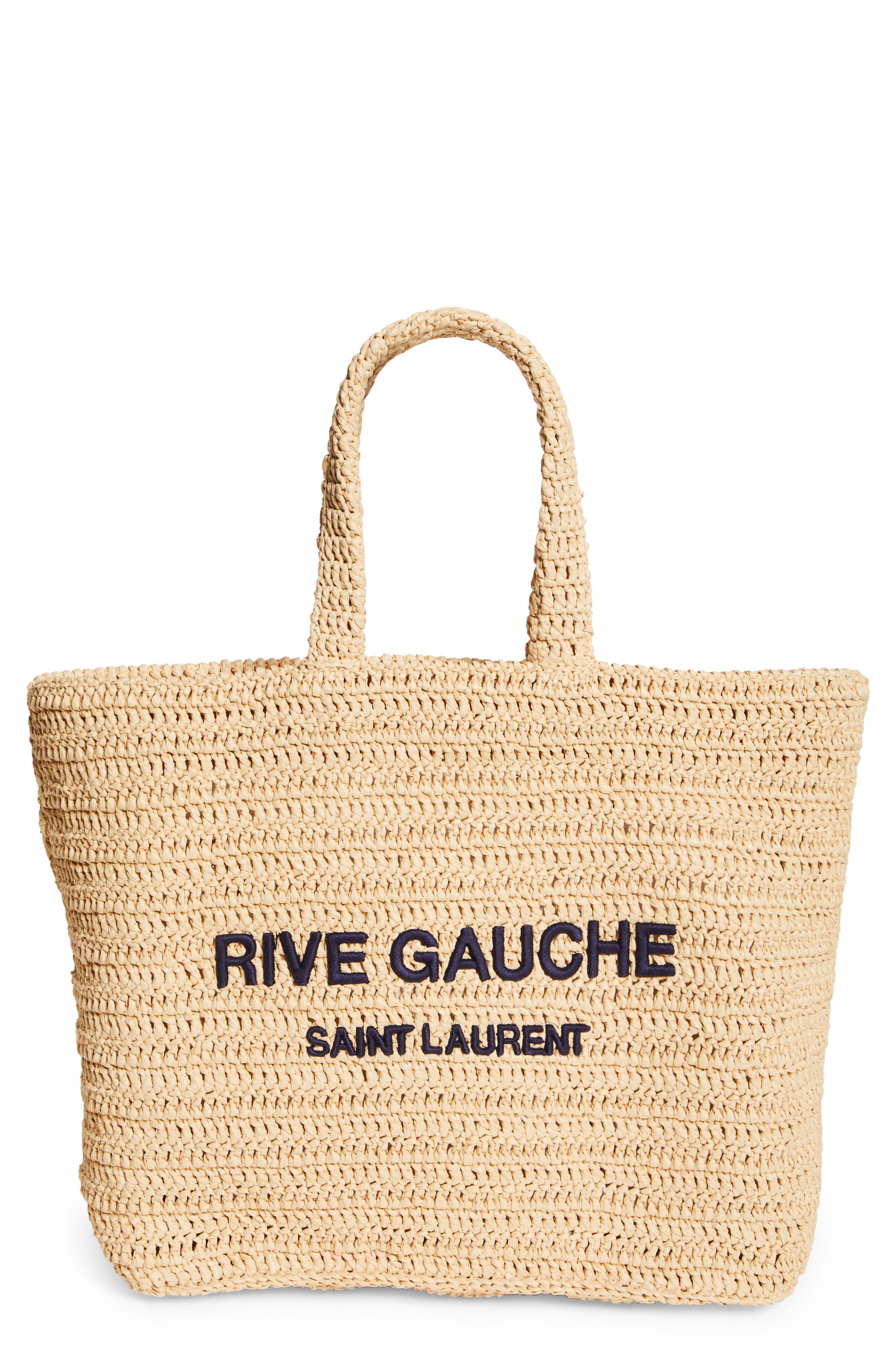 Rive Gauche Logo Crochet Tote, Main, color, NATURALE/ DEEP MARINE