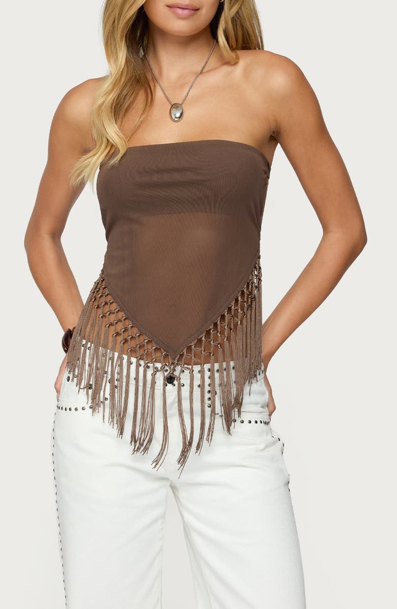 EDIKTED Fringe Hem Mesh Tube Top, Main, color, Brown