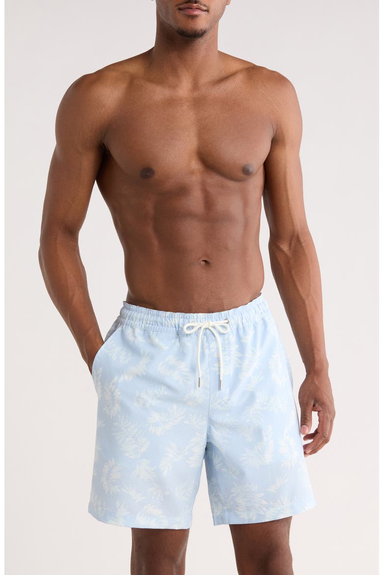 7-Inch Seersucker Swim Trunks, Main, color, BLUE BREEZE LOOSE LEAVES