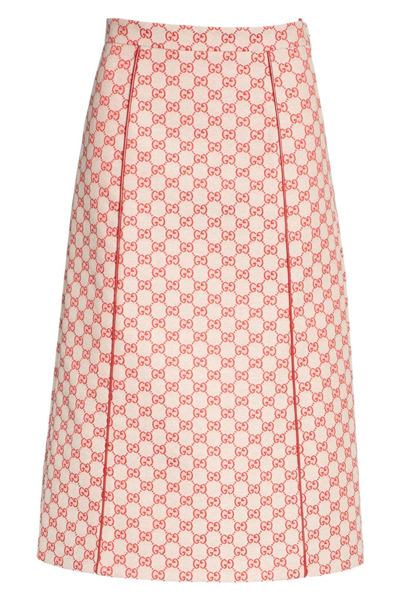 GG Print Canvas A-Line Skirt, Alternate, color, GARDENIA/ HIBISCUS RED