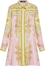 Versace Barocco Print Belted Long Sleeve Silk Shirtdress