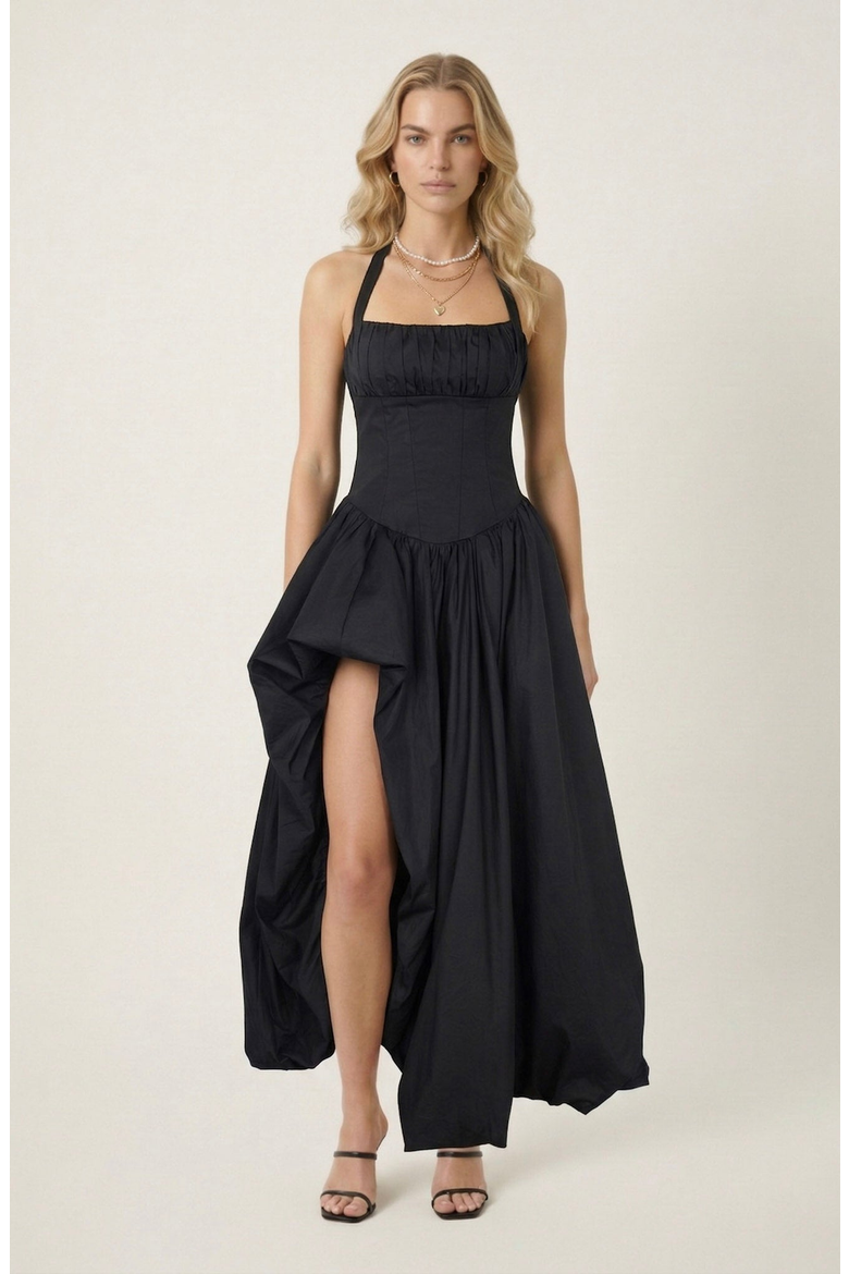 Halter Neck Corset Maxi Dress, Main, color, Black