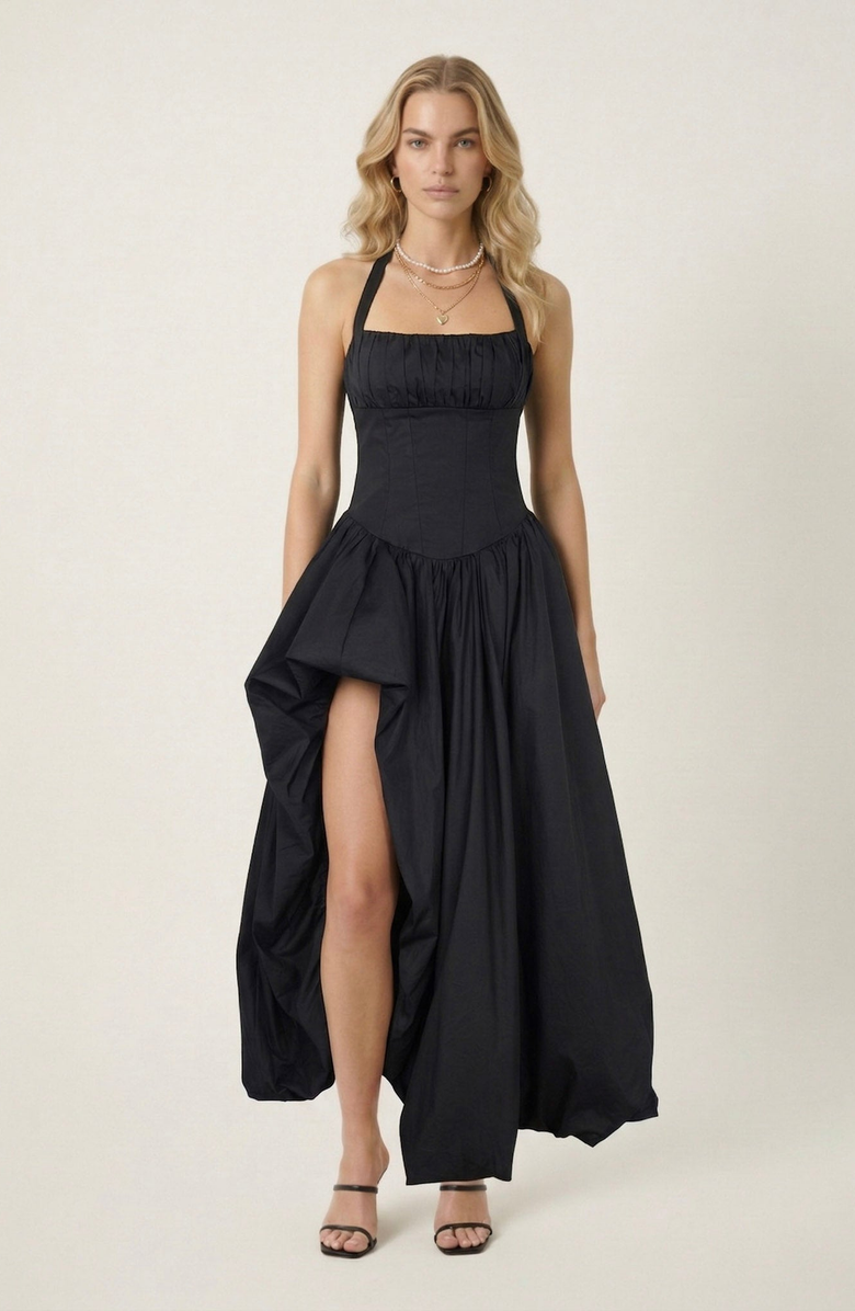 Modenaire Halter Neck Corset Maxi Dress, Alternate, color, Black