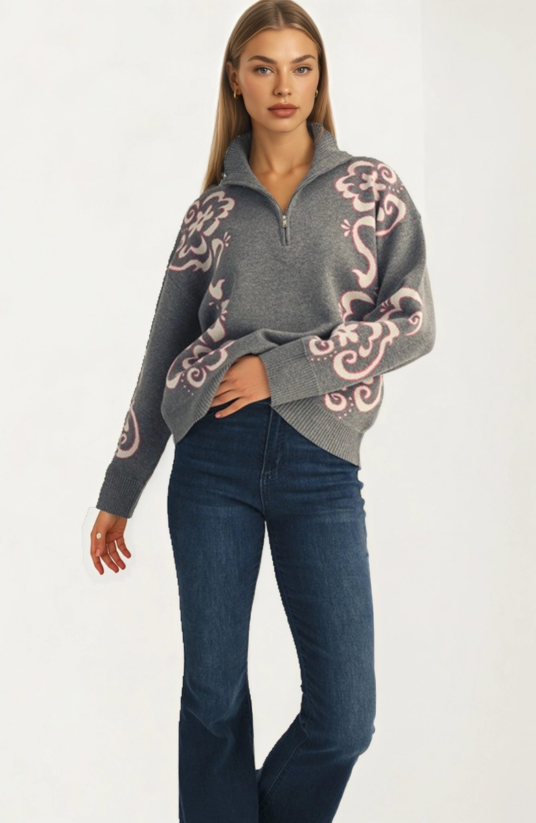Knit and Lounge Floral Quarter Zip Sweater, Alternate, color, Grey Floral