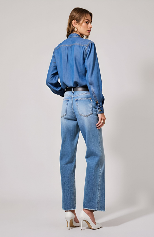 Modenaire Blouse With Tie Neck And Hidden Buttons In Blue