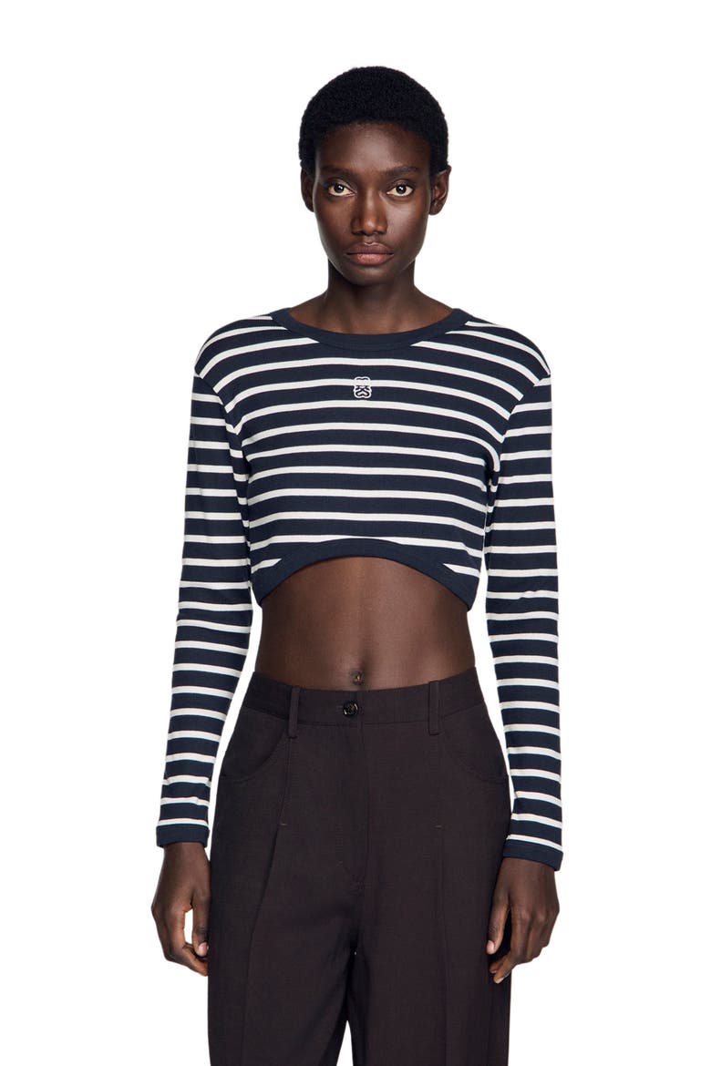 Cropped striped cotton T-shirt, Main, color, Marine / blanc