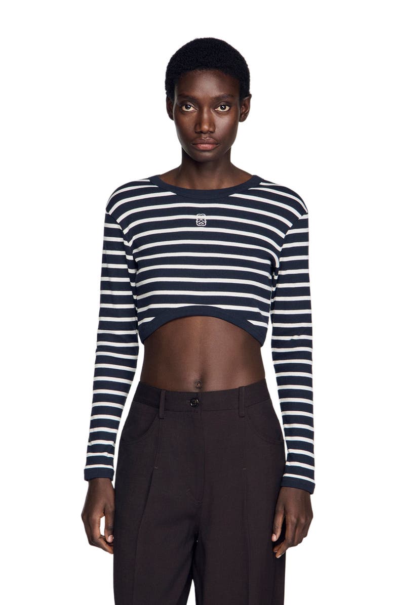 SANDRO Cropped striped cotton T-shirt, Main, color, Marine / Blanc