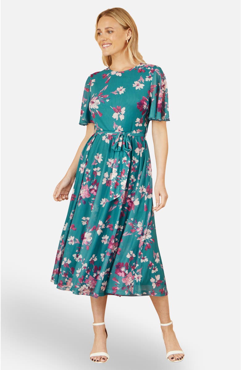 Yumi Mesh Skater Floral Midi Dress, Alternate, color, Teal