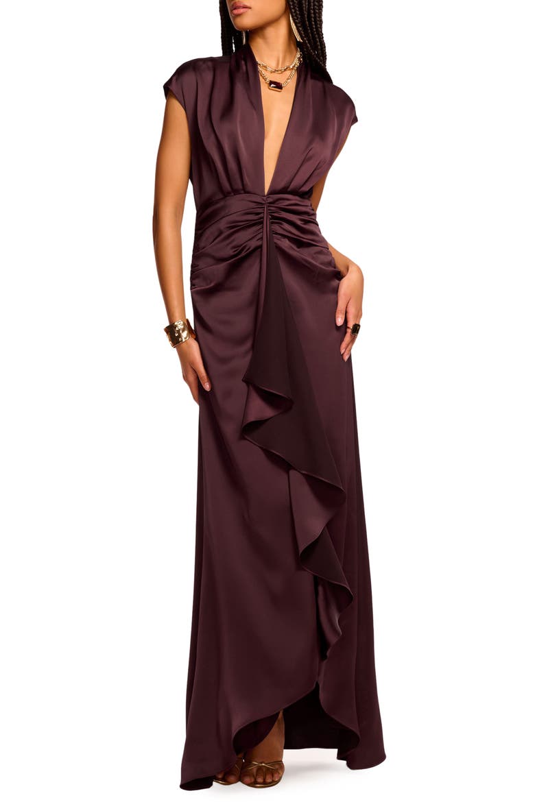 Catrin Plunge Neck Center Ruched Satin Gown, Main, color, BLACKBERRY