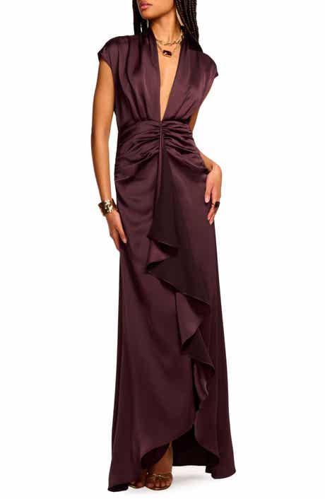 Catrin Plunge Neck Center Ruched Satin Gown