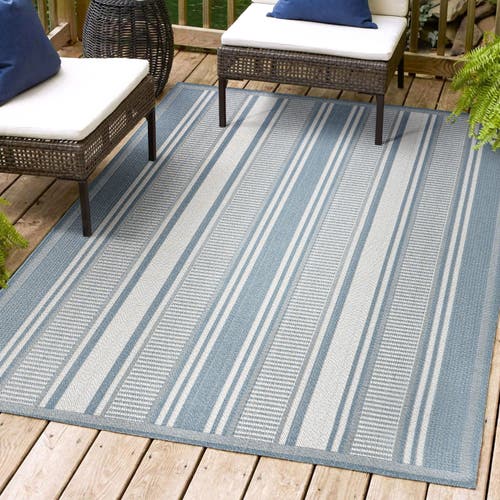 Shop Jonathan Y Haynes Modern Double Stripe Indoor/outdoor Area Rug In Blue/light Gray