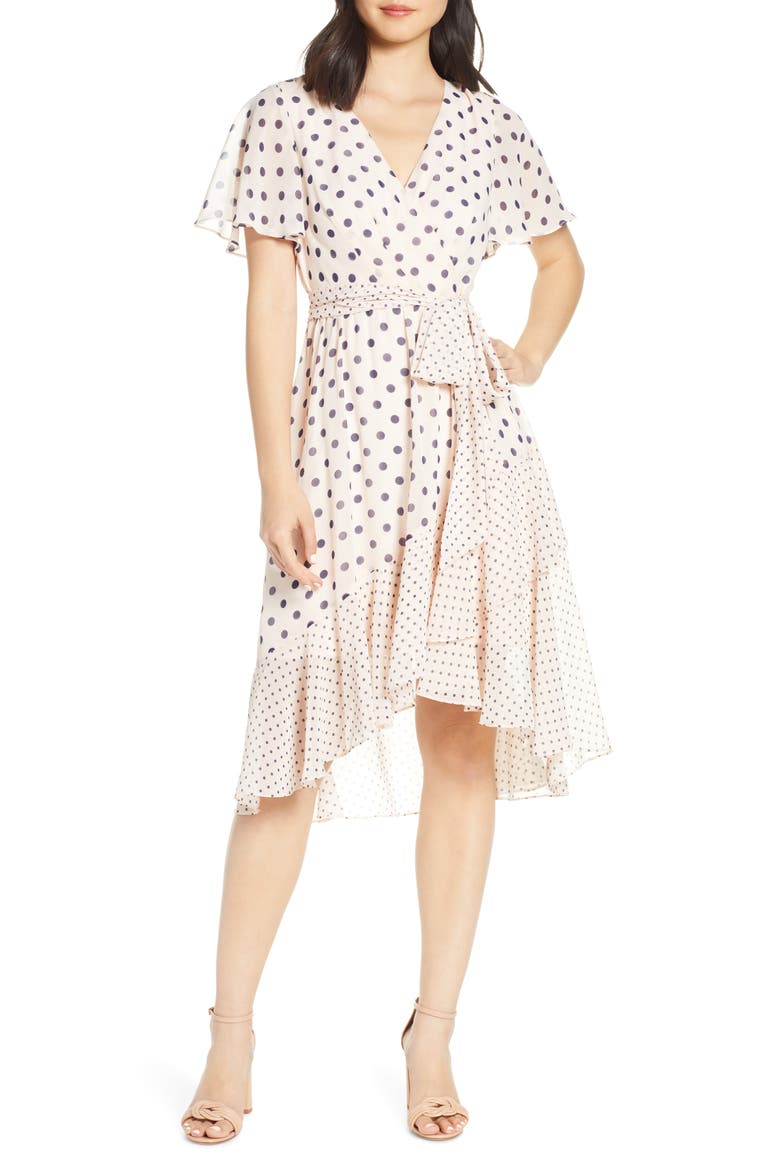 Polka Dot Chiffon Faux Wrap Dress, Main, color, BLUSH