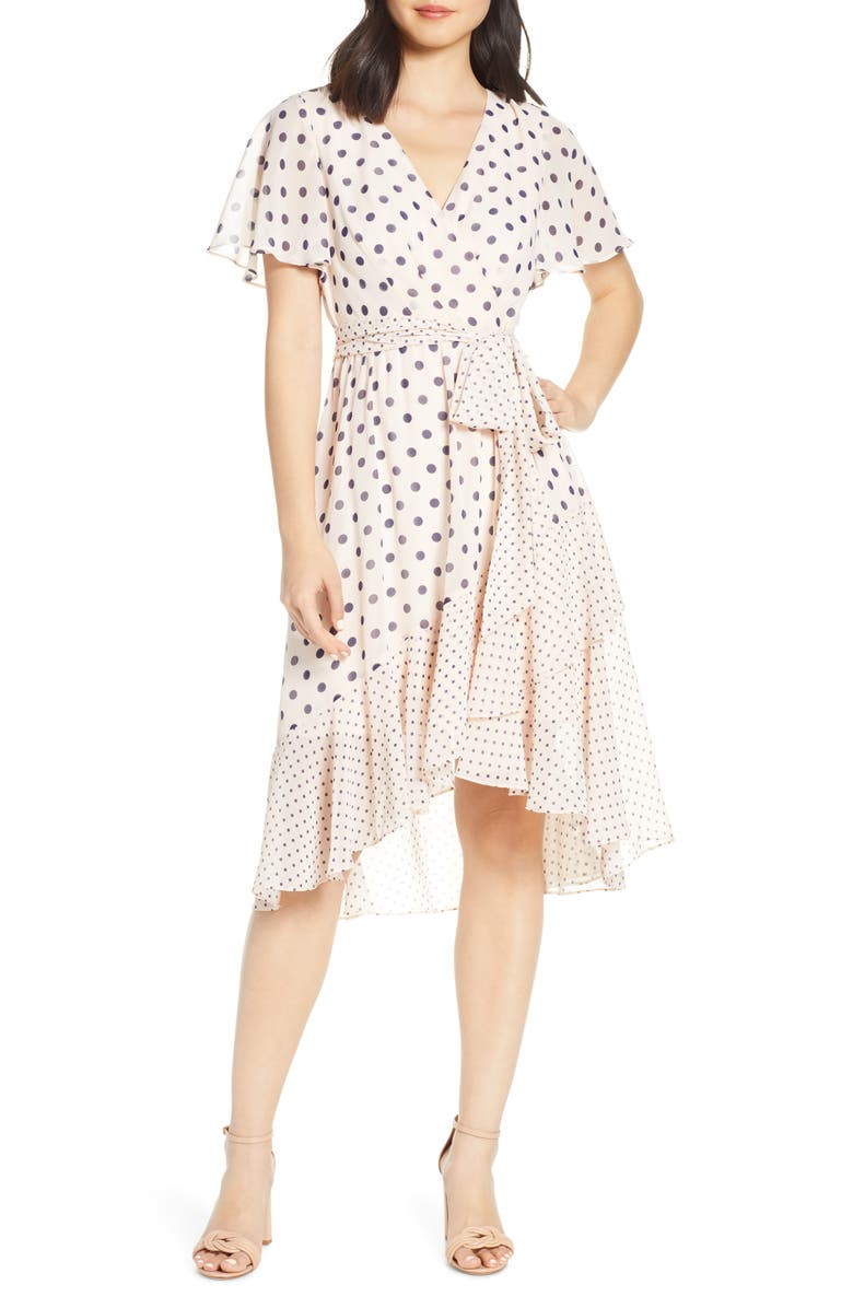Eliza J Polka Dot Chiffon Faux Wrap Dress, Main, color, 