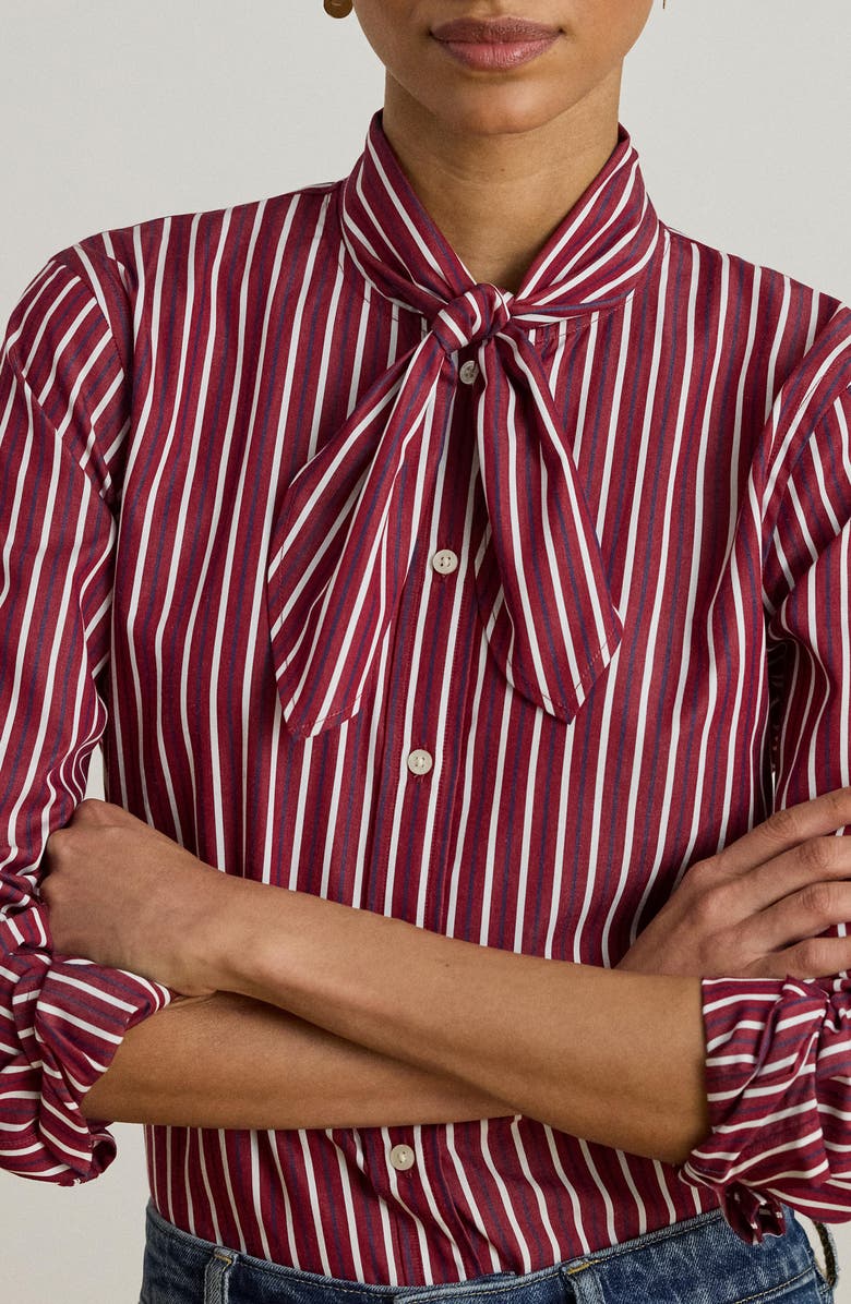 Lauren Ralph Lauren Stripe Cotton Tie Neck Button-Up Shirt, Alternate, color, Burgundy/ White Multi