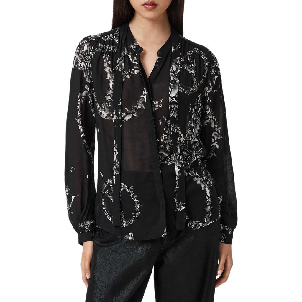 Allsaints Hilda Bird Print Button-up Shirt In Black