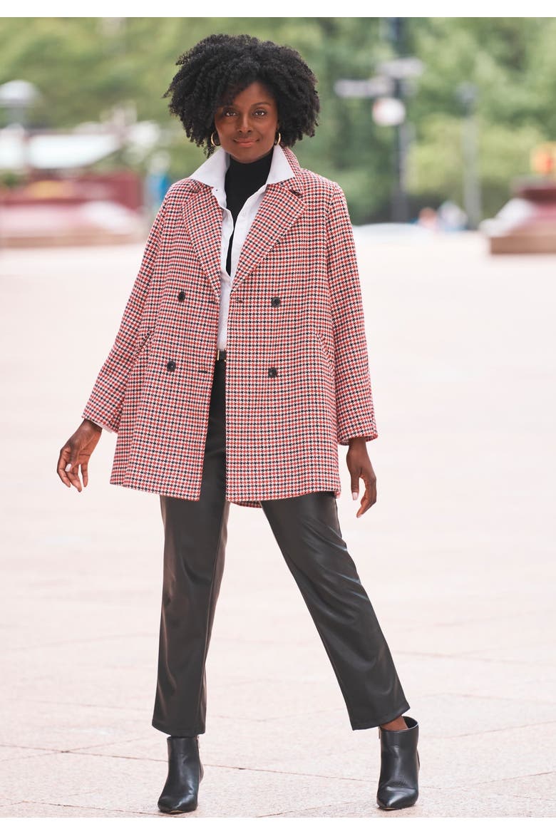 A Line Wool Peacoat, Alternate, color, RED BLACK MULTI HOUNDSTOOTH