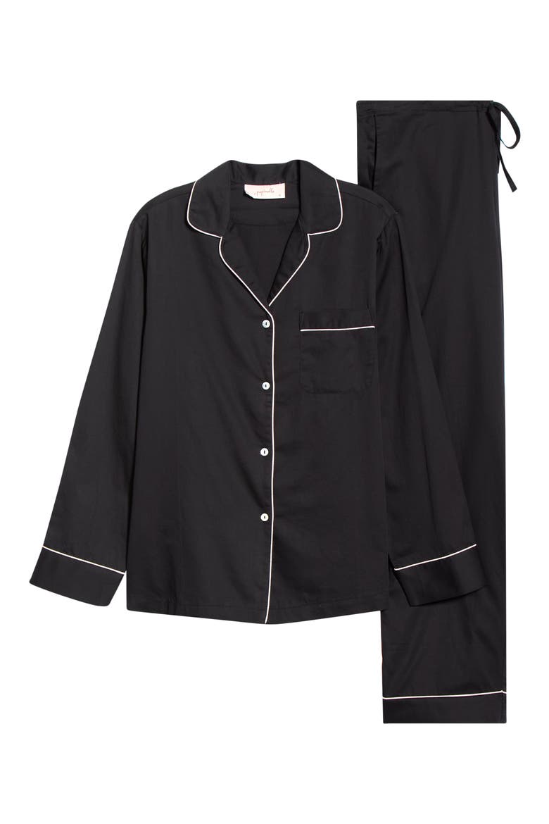 Zoe Contrast Piping Cotton Sateen Pajamas, Alternate, color, BLACK