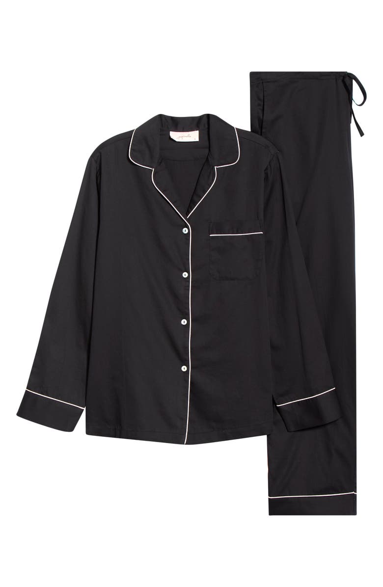 Papinelle Zoe Contrast Piping Cotton Sateen Pajamas, Alternate, color, Black