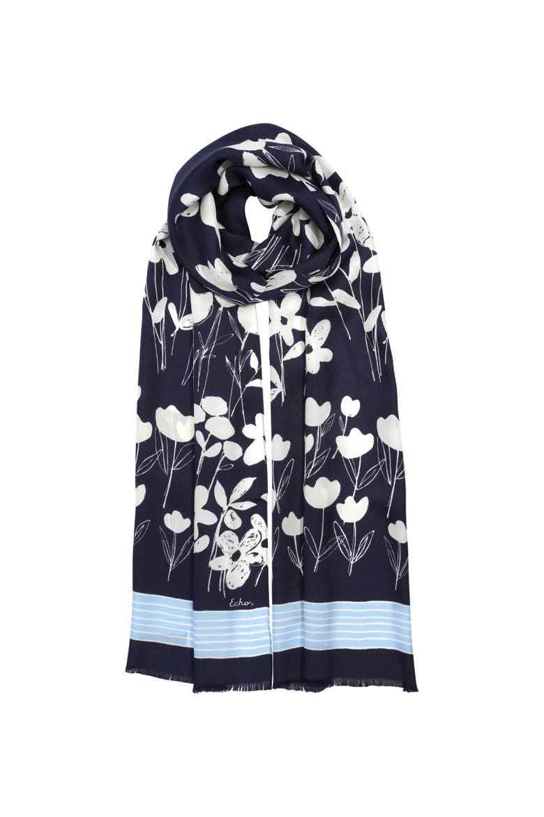 Scribble Floral Silk Oblong, Main, color, Navy