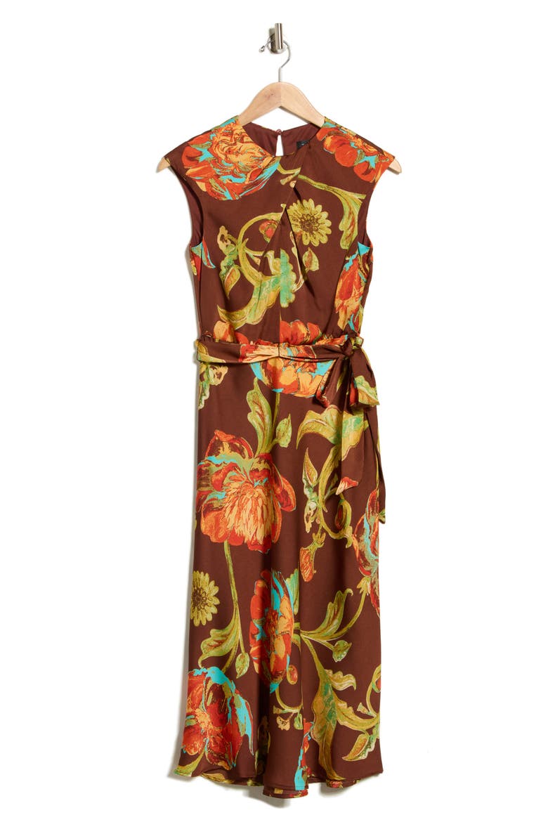 Print Tie Waist Midi Dress, Main, color, CHOCOLATE MULTI