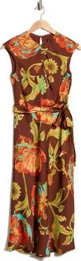 Tahari Print Tie Waist Midi Dress