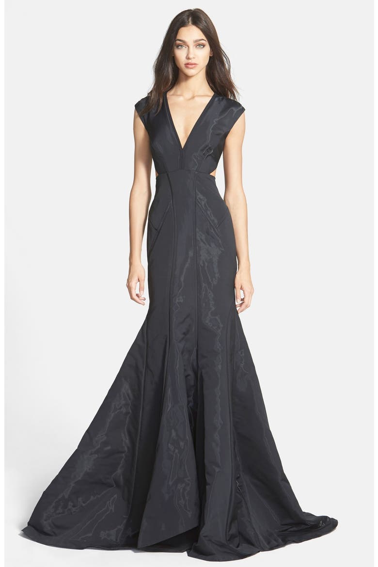'Kelsey - Liquid Vinyl' Woven Trumpet Gown, Main, color, BLACK