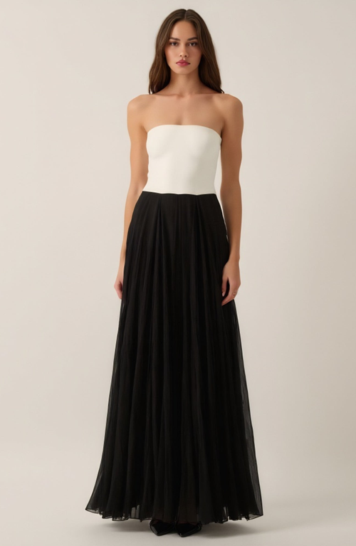 Modenaire Strapless Two-tone Gown With Fitted Bodice And Tulle Skirt In Black