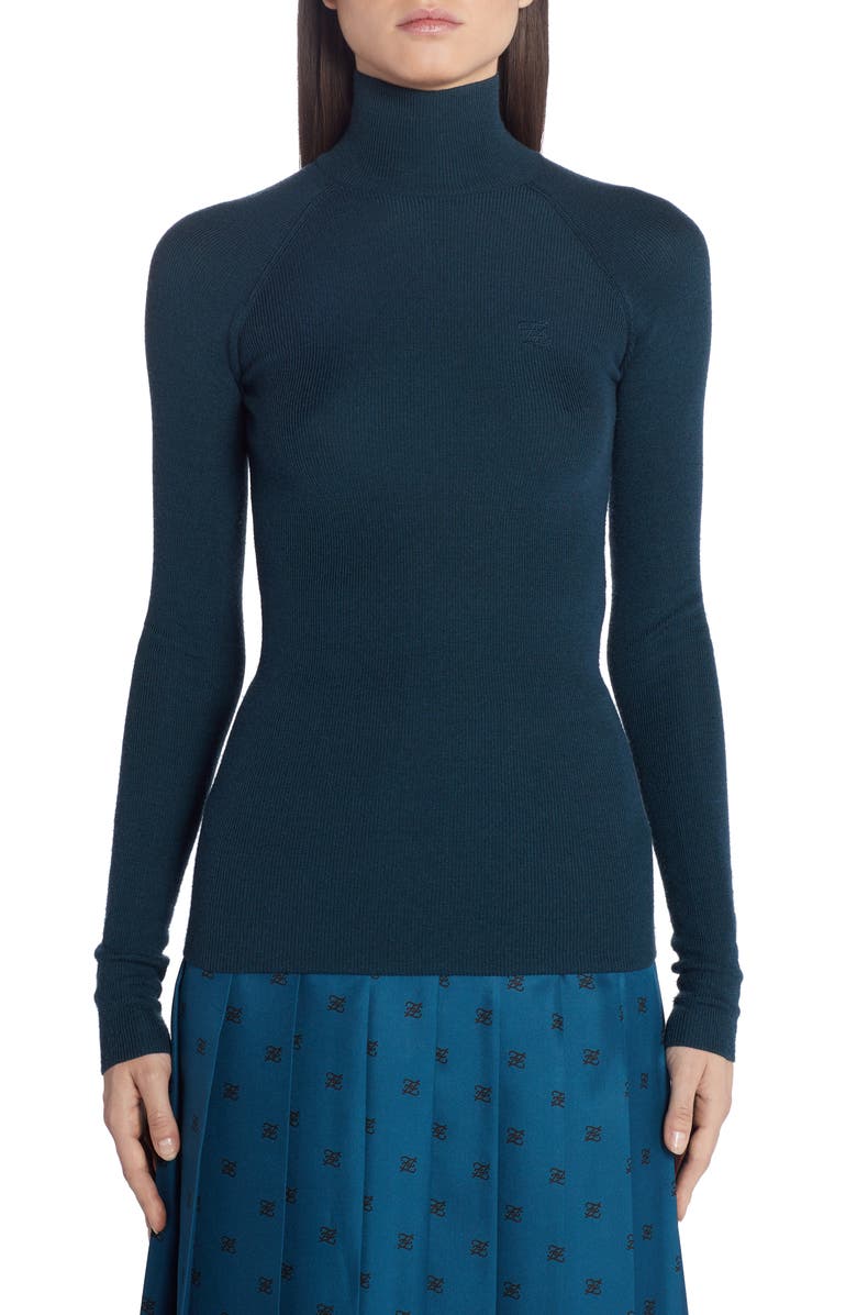 Fendi High Neck Rib Wool Blend Sweater, Main, color,