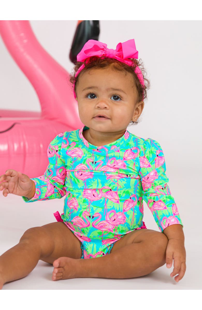 RuffleButts Baby Girls Tropical Long Sleeve UPF50+ One Piece Rash Guard, Alternate, color,