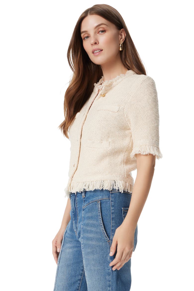 Fringe Detail Button Front Cotton Blend Sweater, Alternate, color, GARDENIA