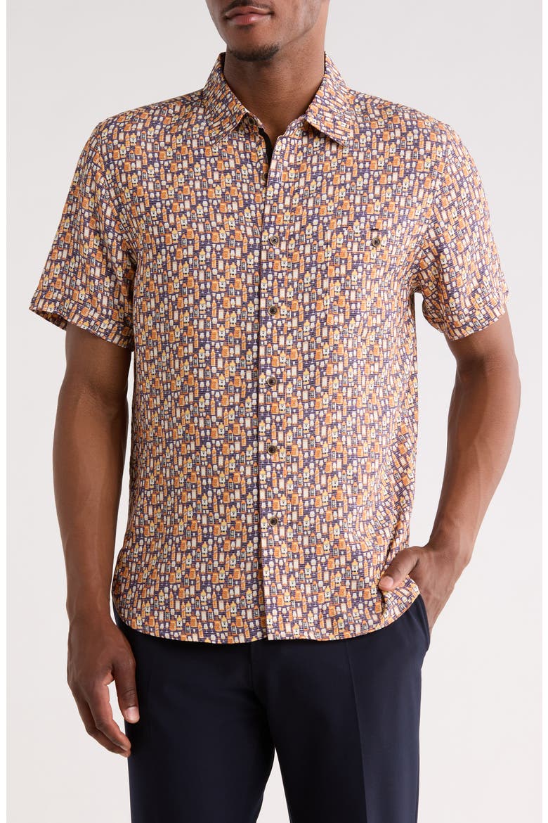Happy Hour Print Short Sleeve Button Down Shirt, Main, color, NAVY